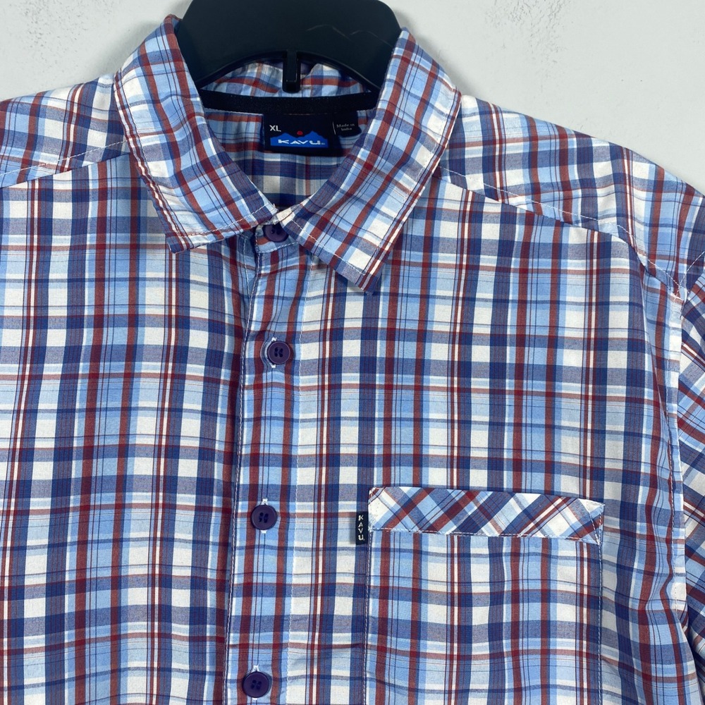 Kavu Button Up Shirt Men's XL Blue Red Plaid Check Polyester Outdoors Gorpcore